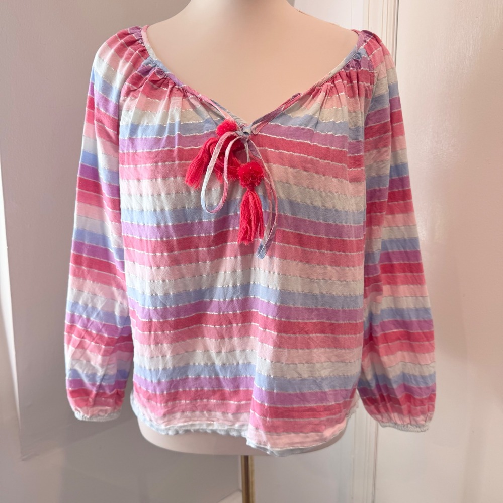 J. Crew Multi color Striped Pheasant Tassel Metallic Long Sleeve Blouse | XS